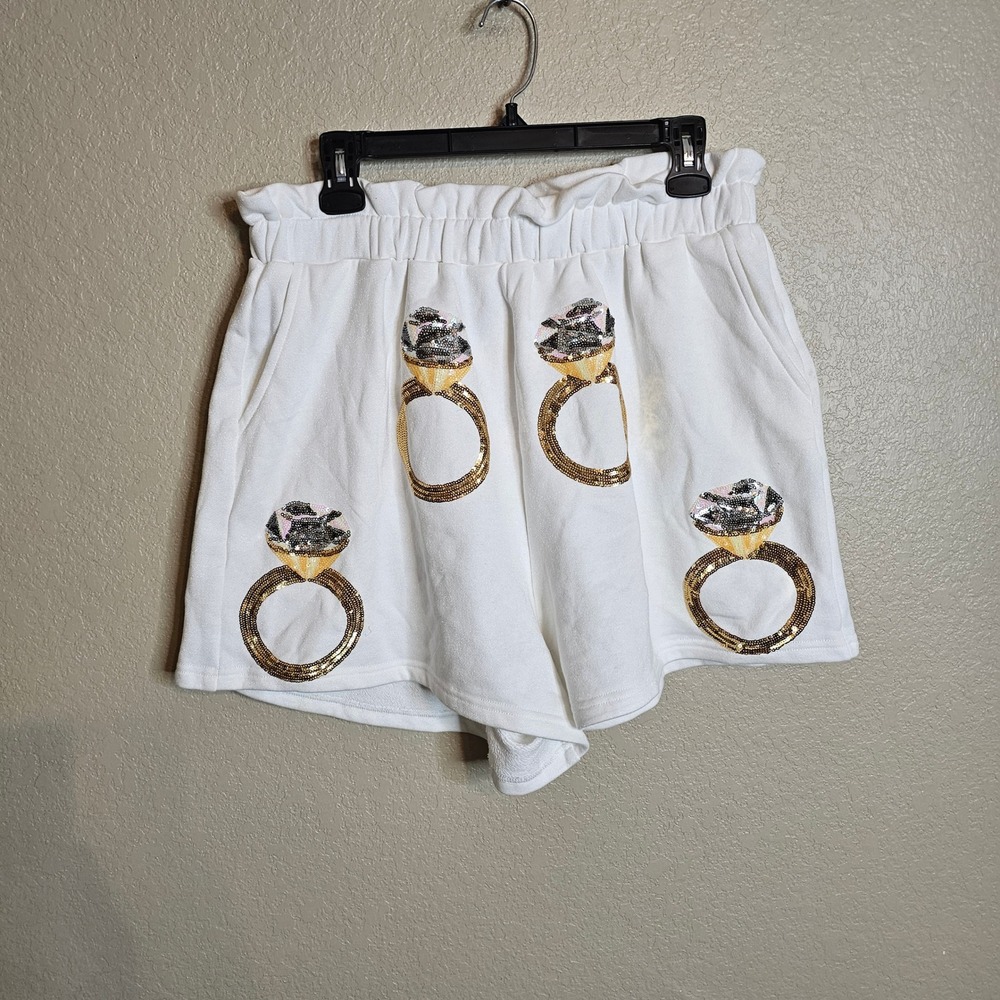 NWT Queen of Sparkles White Sequin Bride Wedding Diamond Ring Sweat Shorts Large